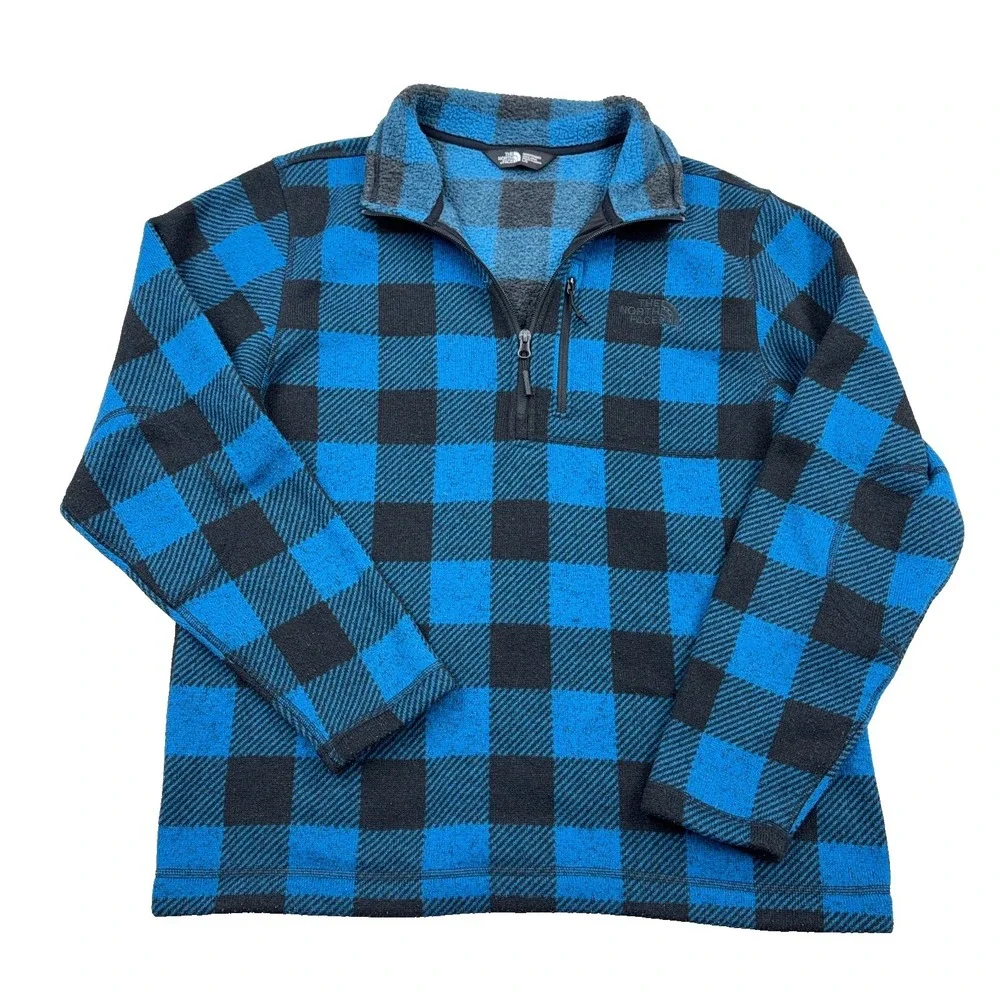 North Face Sweater Men Large Blue Buffalo Plaid Pullover 1/2 Zip Gordon Lyons